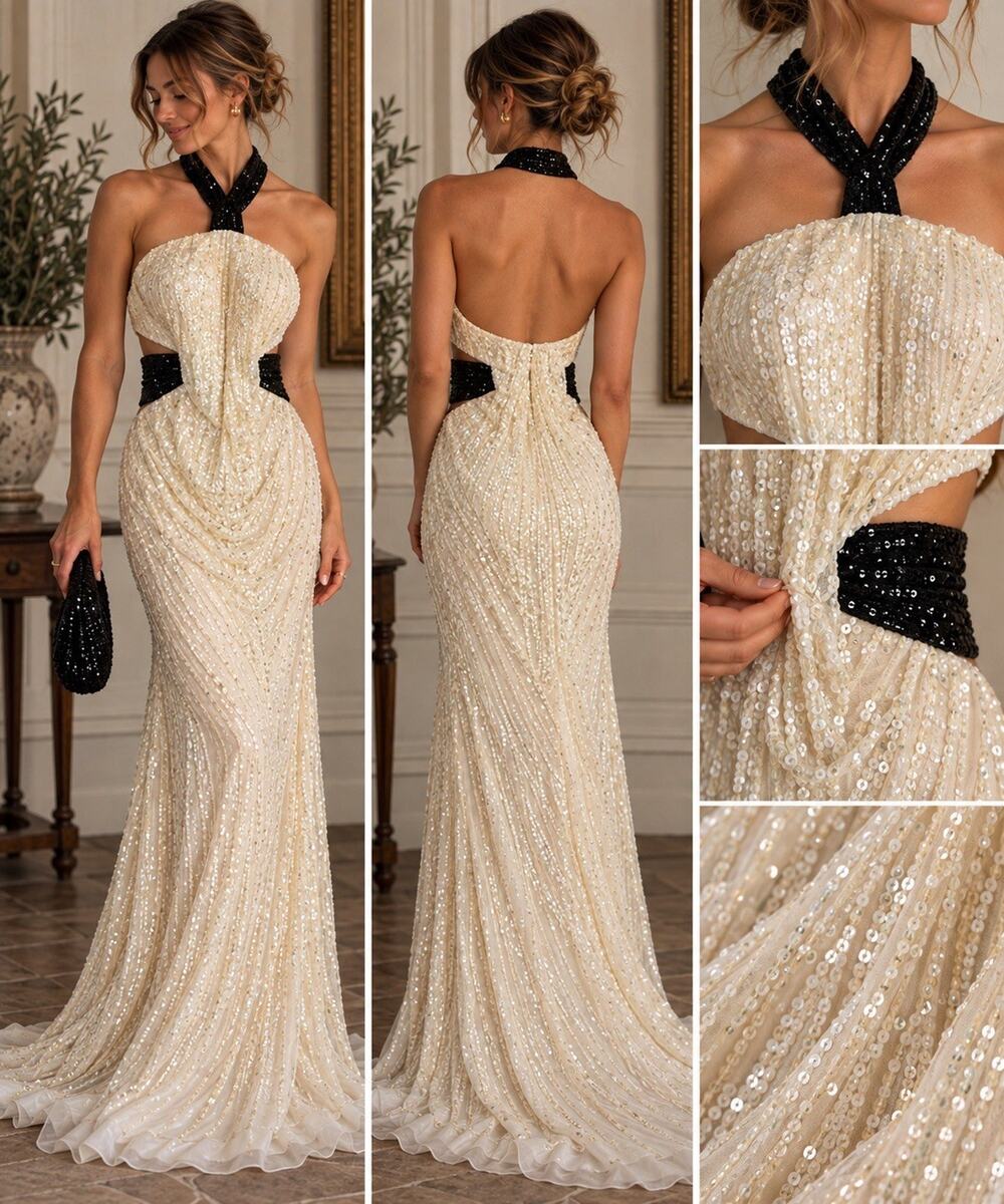 Sherri Hill Size 4 Ivory Sequin Silk Gown Black Halter Cutout Formal Dress